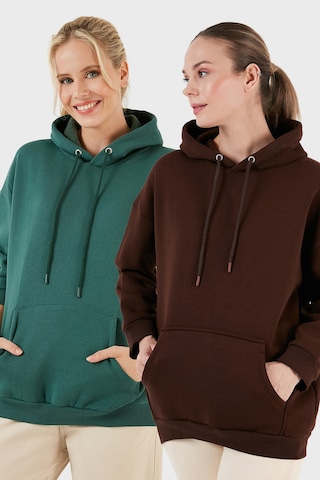 Lela Regular Fit Pamuklu Kapüşonlu Yaka Şardonlu Kışlık 2'Li Paket Bayan Sweat 5863854S2 Nefti-Kahve