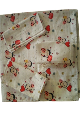 More Home Bebek Müslin Bez Battaniye Set 5 Parça Uğur Böceği Kırmızı Krem Beyaz - Kırmızı
