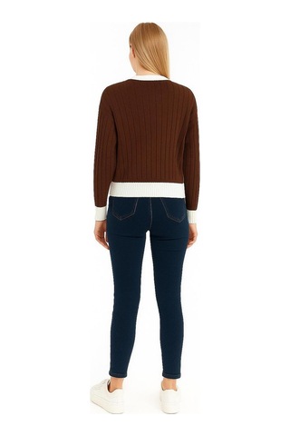 Hira Life Fashion Kadın Bisiklet Yaka Fitili Ve Şerit Detaylı Crop Triko Kısa Kazak Kahverengi Kahverengi