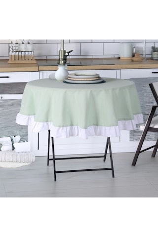 Dnc Home Tekstil Yeşil Keten Yuvarlak Beyaz Fırfırlı Masa Örtüsü Yeşil