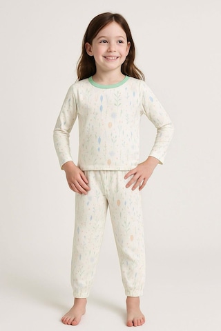 Breeze Kız Çocuk Pijama Takımı Bahar Fısıltısı Renkli Yapraklar Desenli 4-8 Yaş, Ekru Ekru