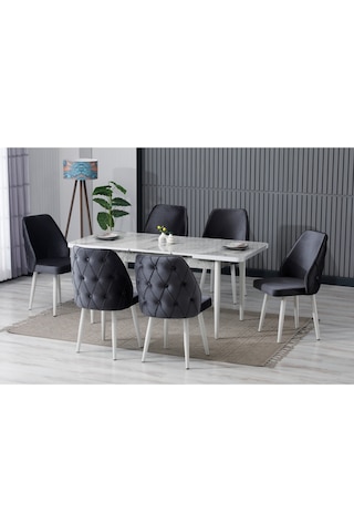 Alin Beyaz Mermer Desen 80x132 Açılabilir Mdf Masa Yemek Odası Takımı Mutfak Takımı 6 Sandalyeli Gri