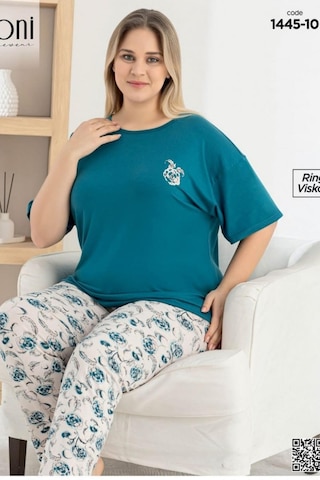 Pijamoni Kadın Ring Viskon Bisiklet Yaka Kısa Kol İnce Pijama Takımı 1445/10 - 1 Adet Petrol