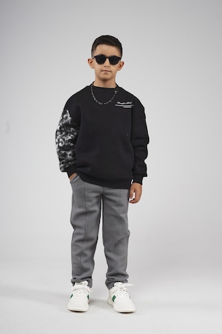 King-Brich Kingbrich Kids Bisiklet Yaka Kolu Garnili Baskılı Çocuk Sweatshirt SIYAH