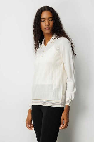 Desen Triko Polo Yaka Simli Çizgili Kadın Yün Bluz 25080d Ekru