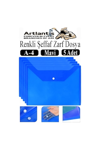 Mavi A4 Çıtçıtlı Dosya Şeffaf Renkli Zarf Dosya 5 Adet Çıt Çıtlı Dosya Su Geçirmez 100 Yaprak Kapasite