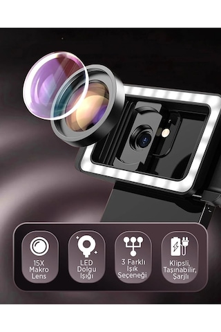 4k Hd 15x Makro Lens Led Dolgu Işığı Telefon Kamera Lens Aparatı