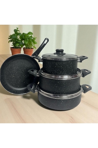 Enashop 7 Parça Granit Tencere Seti 20-24-26-26 Cm Yanmaz Yapışmaz Tava + Derin/sığ Tencere Çeyizlik Siyah