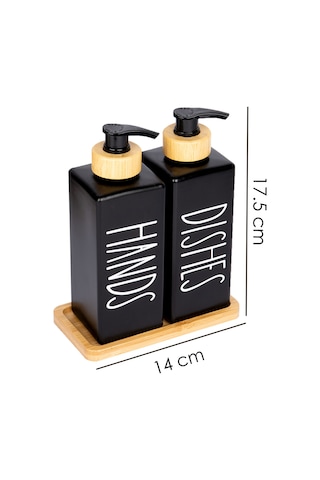 2'li Doğal Bambu Pompalı Bambu Altlıklı Deterjanlık 350 Ml Karecam Siyah