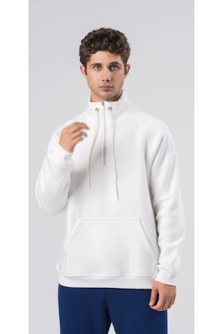 Coalcity Coal City Erkek Relaxed Fit Reglan Yarım Fermuarlı Kanguru Cepli Siyah Sweatshirt Beyaz