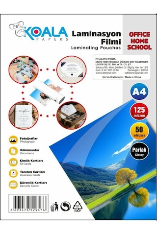Koala Papers Laminasyon Filmi A4 125 Micron 50 Lü Yüksek Kalite Koruma Ve Parlaklık