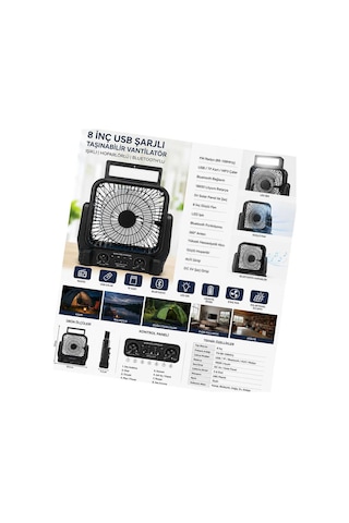 8 İnç Solar Kamp Vantilatörü Fm Radyolu Bluetooth Hoparlörlü Led Işıklı Pd950 Evimdeyokyok