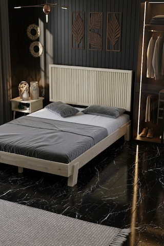 Ebruli Dikey Başlıklı Masif Ahşap Karyola Natürel 90x200