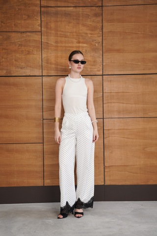 Verymoda Puantiyeli Paçası Dantelli Saten Pantolon D2970 Krem