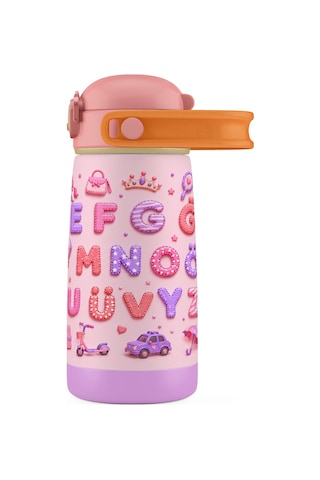 Puccon 420 Ml Kız Çocuklar İçin Alfabe Harfler Baskılı Çelik Matara Termos Suluk - 60018 Pembe - Mor