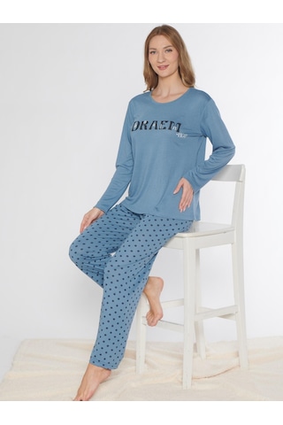 Uzun Kol Pijama Takımı Viskon Alperi 790-87 İndigo