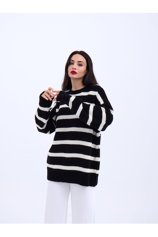43111 Triko Çizgili Salaş Kazak-siyah-ekru Çok Renkli