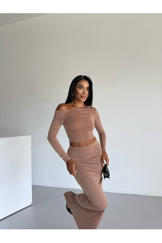 Trendhazan Dar-slim Kalıp Bluz - Etek İkili Takım Açık Kahverengi