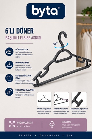 6'lı Döner Başlıklı Elbise Askısı Çok Amaçlı Pantolon Ve Aksesuar Askılı Dayanıklı Plastik Askı Siyah Siyah