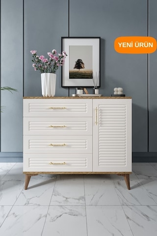Panjurlu 4 Çekmeceli 1 Kapaklı Şifonyer Modern Tasarım, Mdf Kapak,ekru Ceviz Ceviz - Ekru