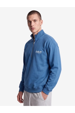 Koton Pamuklu Regular Fit Nakışlı Uzun Kollu Yarım Fermuarlı Sweatshirt Mavi 7wam70131mk