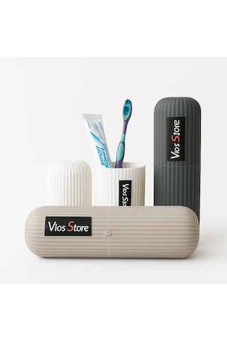 Vios Store Taşınabilir Diş Fırçası Kutusu Bardaklı Seyahat Tipi Antrasit
