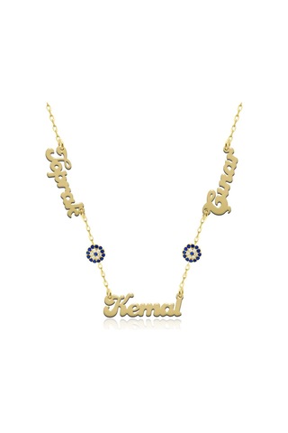 Işıklı Kutuda Kişiye Özel Nazarlı Üç İsimli Gümüş Kolye Gold