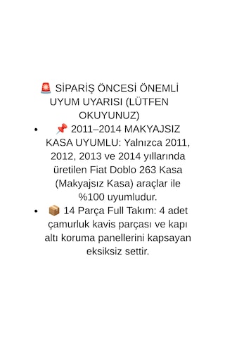 Fiat Doblo 263 Pre-facelift Makyajsız Kasa 2011 2012 2013 2014 Uyumlu 14 Parça Dodik Seti Çamurluk Ve Yan Kapı Koruma Çizik Hasar Engelleyici