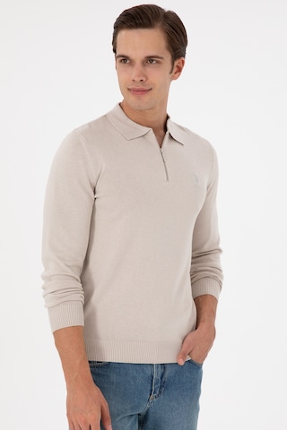 U.S. Polo Assn. Erkek Slim Fit Yarım Fermuarlı Taş Melanj Basic Kazak 50297066-VR225
