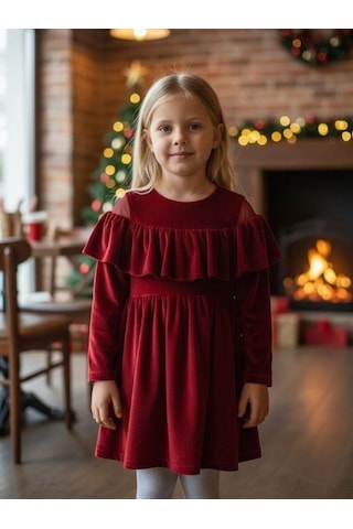 Kız Çocuk Omuzları Açık Kat Kat Fırfırlı Kırmızı Kadife Elbise-16404 Kırmızı