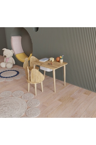 Fahrettin Küçük Montessori Çocuk Masası Oyun Masası Fil Kulaklı Aktivite Masası Çalışma Masası Çekmeceli 2 Sand. Açık Çam