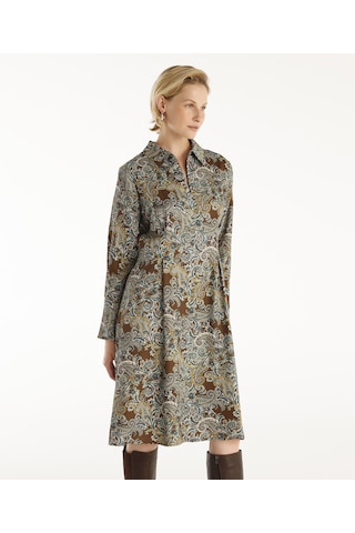 Yargıcı Pensli Uzun Kollu Yakası Fermuarlı Elbise Kahverengi