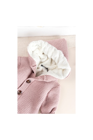 Triko Örme Welsoft Astarlı Kapüşonlu Kışlık Bebek Tulum gül kurusu