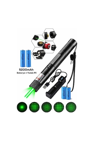 10 Km Menzilli Şarj Edilebilir Yeşil Lazer Pointer Seti - 5200mah Çift Bataryalı & Güvenlik Kilidi Siyah