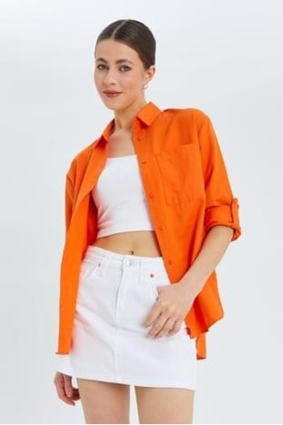 Mixray 9942 Kadın Oxford Uzun Kol Basic Gömlek Oranj