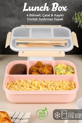 Sızdırmaz Contalı Yemek Kabı - 4 Bölmeli Çatal Kaşıklı Diyet Beslenme Kutusu Lunch Box Pembe Pembe