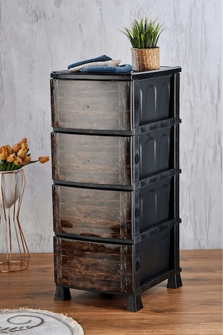 4 Katlı Çekmeceli Baskılı Ahşap Desenli Kapaklı Plastik Komidin - Sebzelik - Çekmece Siyah