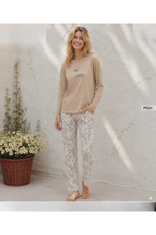 Pijamoni Kadın Milan Bisiklet Yaka Uzun Kol İnce Pijama Takımı 7600/24b - 1 Adet Bej
