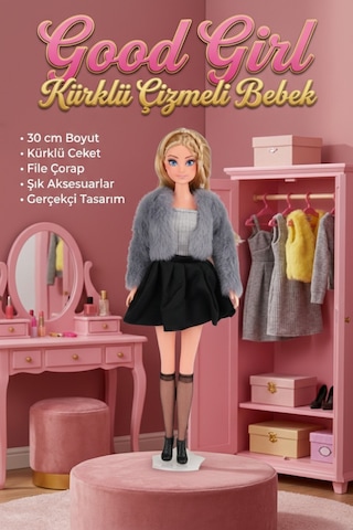 Good Girl 30 Cm Kürklü Ceketli Ve Çizmeli Moda Bebeği - Şık Aksesuarlı Manken Oyuncak Bebek Gri Siyah