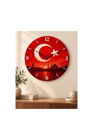 Türk Bayraklı Ay Yıldız Desenli 45 Cm Ahşap Sessiz Akar Mekanizmalı Uv Baskılı Dekoratif Duvar Saati Hediyelik 1087 Çok Renkli