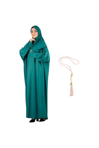 Zarif Namaz Elbisesi Ve Türban Tesbih Set Tesettür Şal Müslüman Kıyafetleri Abaya - Siyah Yeşil