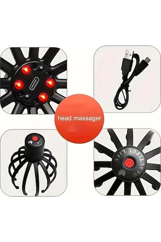Elmpaly Siyah 3 Seviye Titreşimli Elektrikli Ahtapot Kafa Masajı Cihazı Led Kırmızı Işık Usb Şarj siyah