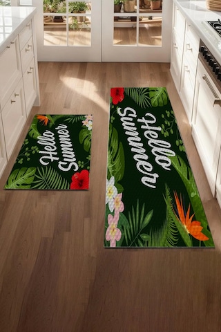 Valerine Life Hello Summer Mutfak Matı Halısı Yıkanır Kaymaz Taban Sıvı Geçirmez Tezgah Önü Paspas Yeşil