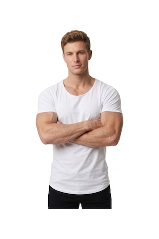 Deepsea Erkek Beyaz Geniş Yaka Likralı Tişört Oval Yaka Slim Fit Eteği Oval Açık Yaka T-shirt 1801199 Beyaz