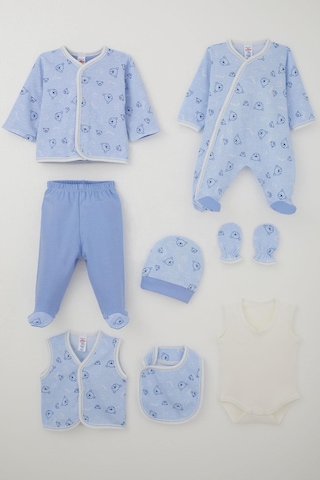 Breeze Erkek Bebek Hastane Çıkışı 8 Li Sevimli Ayıcık Figürlü Yıldız Desenli 0-3 Ay, Mavi Mavi