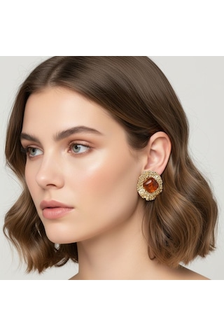 Kadın Kahve Taşlı Gold Detaylı Çelik 14 K Küpe 30 Mm Çok Renkli