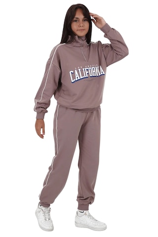 Kız Çocuk California Yazılı Yarım Fermuar Model Pudra Renk Oversize Eşofman Takımı Pudra