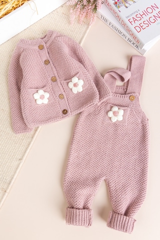Babymod Yumuşak Dokulu Triko Hırkalı Kız Bebek Örgü Salopet Tulum Set Gülkurusu