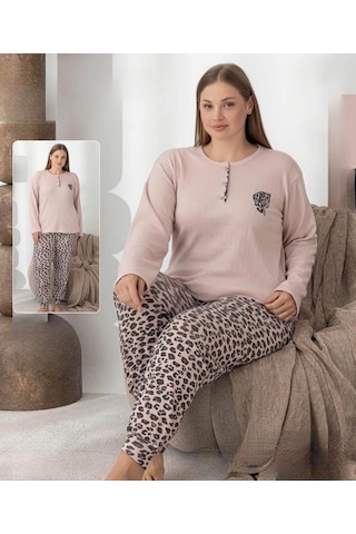 Lindros Kadın Pamuk'lu Düğme Yaka Raporlu İnterlok Kışlık Battal Pijama Takımı 0251 - 1 Adet Bej