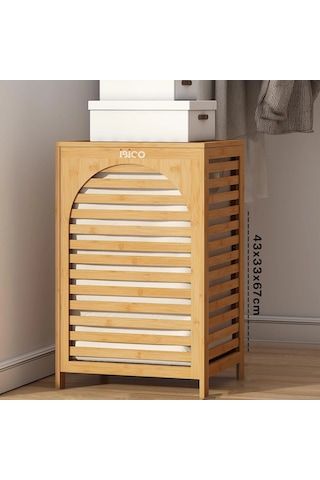 Kalın Ahşap Bambu Kirli Çamaşır Sepeti Kumaş Çantalı Sepet 43x33x67cm Bx40 Çok Renkli